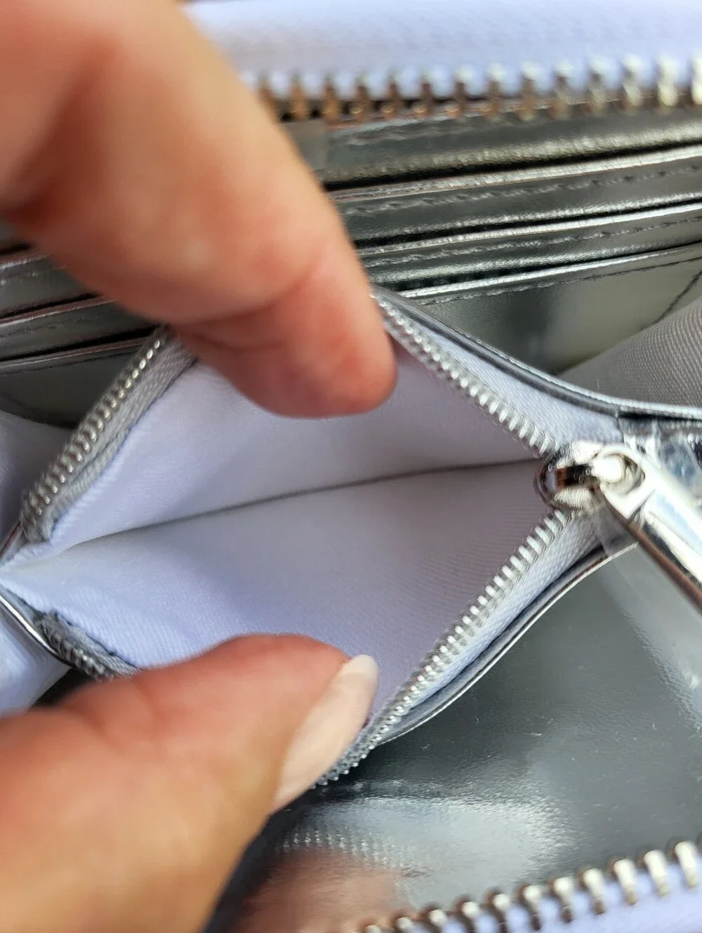 Swarovski Silver Metallic Mirror Finish, Crystals Embellished Zip Around Wallet.